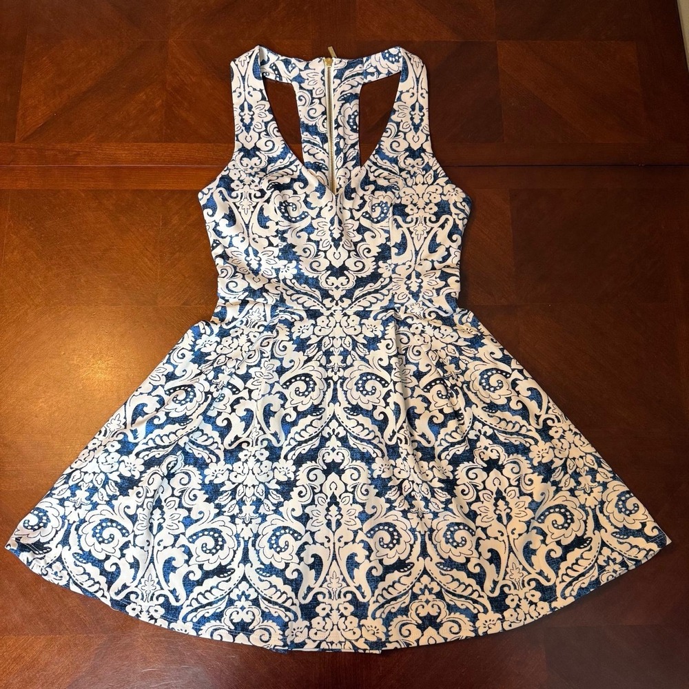 Blue White Damask Fit & Flare Sexy Sleeveless Dress Racerback Skater 7/8